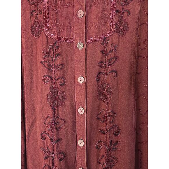 Boho 90s Brick Red Embroidered Button Front Grungy Festival Midi Dress, Medium - Picture 5 of 11